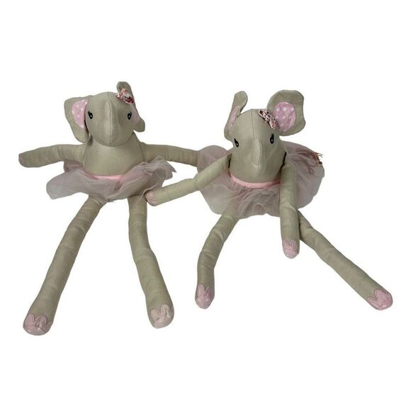 Pottery Barn Kids Two Pink Tutu Ballerina Elephant Shelf Sitter Long Leg Stuffed - Picture 1 of 4
